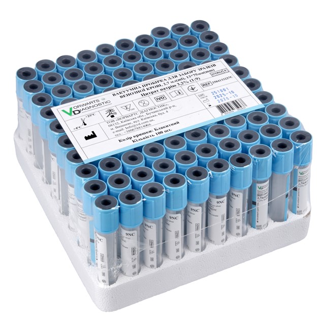 Вакуумна пробірка 3,6 мл,13*75 мм, з цитратом натрію 3,2%, з блакитною кришкою,100 шт,стерильна